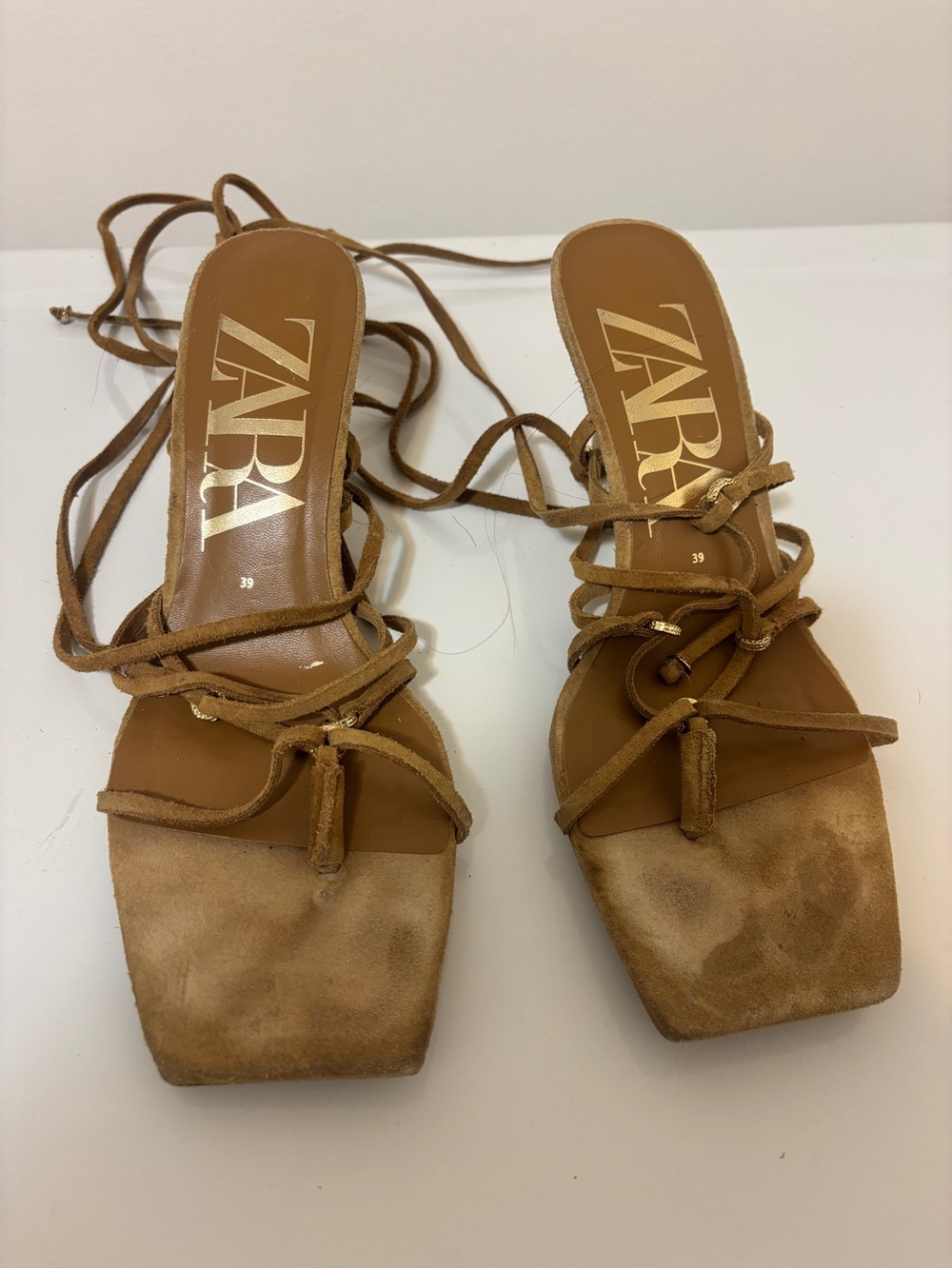 ZARA Tan Lace-Up Square-Toe Suede Sandals